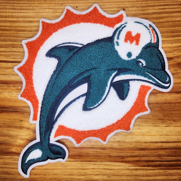 9 inch x 10 inch Miami Dolphins chenille and embroidered iron on patch. No sewing needed!