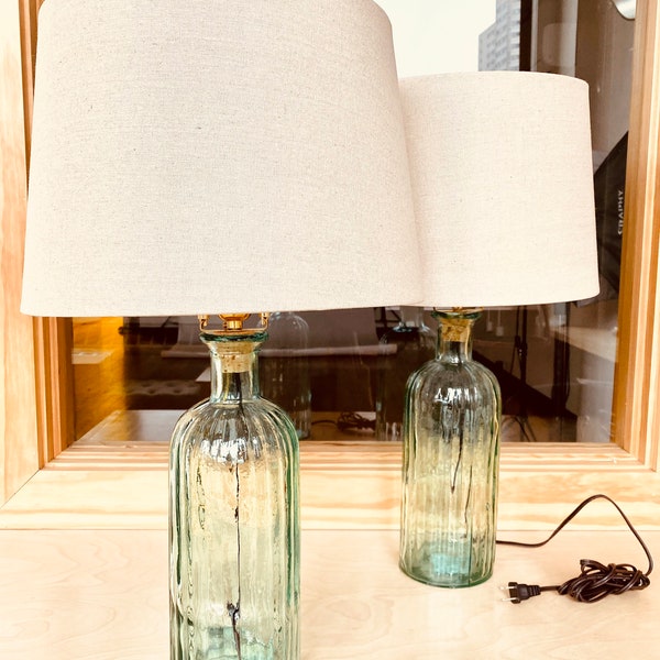 Pair of Blown Glass Turquoise Lamps with Sand Lamp Shades
