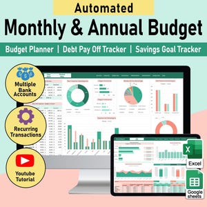 May include: A computer screen displaying a spreadsheet with a green and pink color scheme. The spreadsheet is titled "Monthly & Annual Budget" and includes sections for "Multiple Bank Accounts", "Recurring Transactions", and "Savings Goal Tracker". The image also includes icons for Excel and Google Sheets.