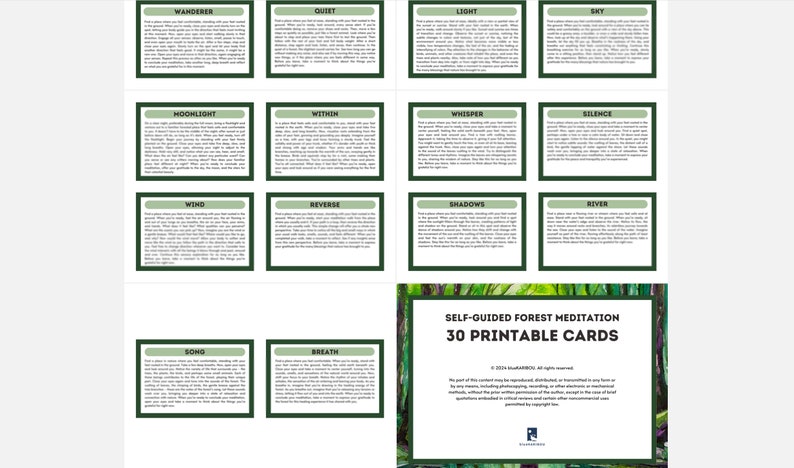 30 Printable Cards - Self-Guided Forest Meditation - Shinrin Yoku - Forest Bathing - Depression Anxiety Nature Therapy