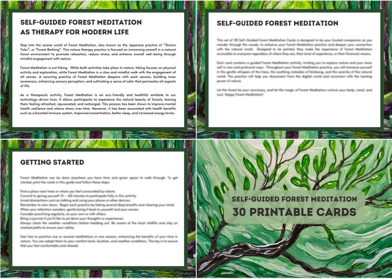 30 Printable Cards - Self-Guided Forest Meditation - Shinrin Yoku - Forest Bathing - Depression Anxiety Nature Therapy