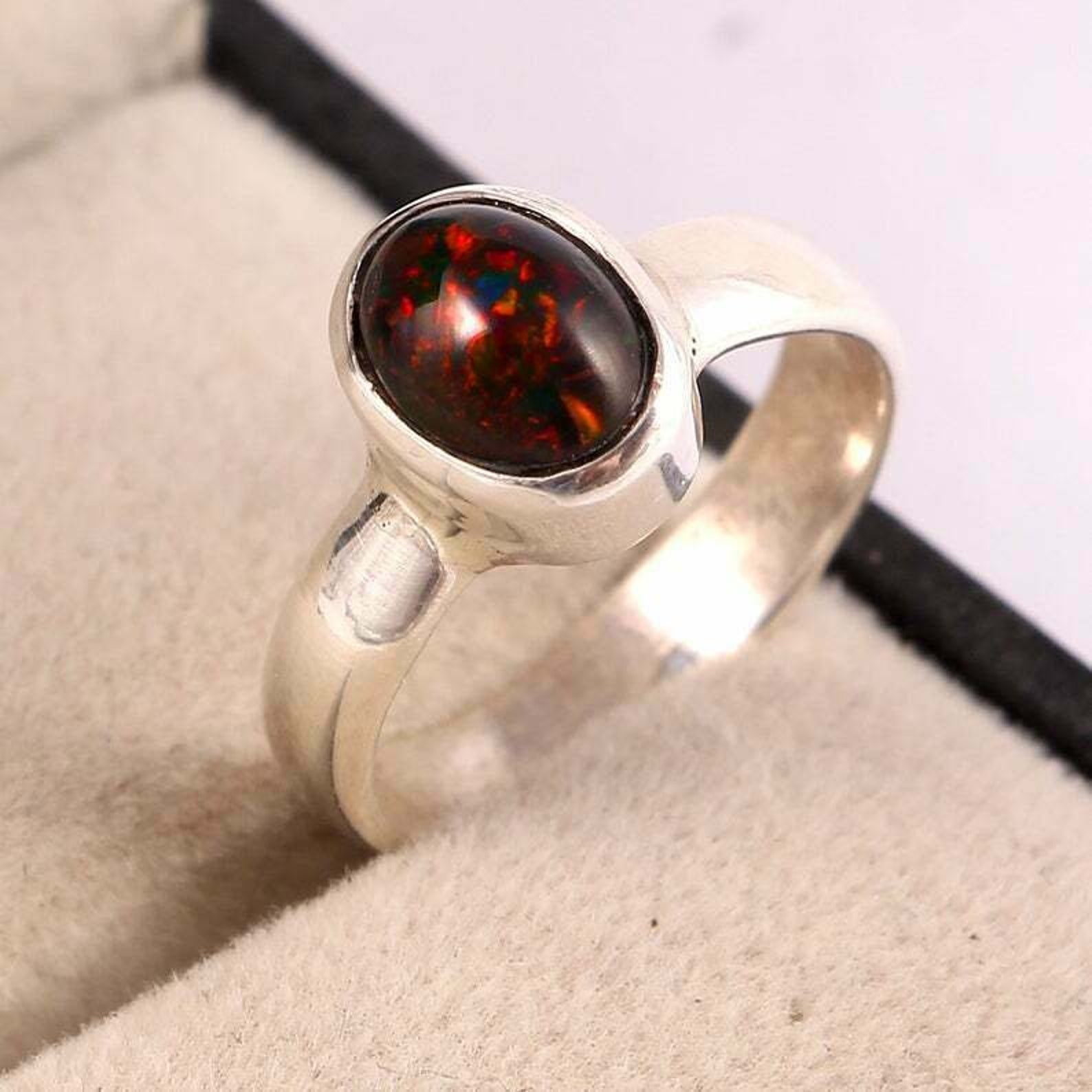 Natural Black Fire Opal Ring Pure 925 Solid Sterling Silver Etsy