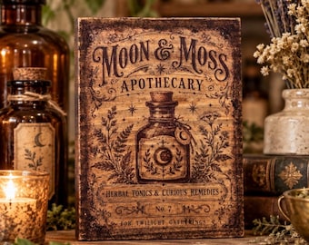 Könnte beinhalten: Ein rechteckiges Holzschild mit dunkler, abgenutzter Oberfläche und dem Text "MOON & MOSS APOTHECARY" sowie "HERBAL TONICS & CURIOUS REMEDIES". In der Mitte befindet sich eine Illustration einer Glasflasche mit einem Korkverschluss.
