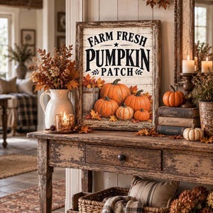 May include: A rectangular wooden sign with a distressed finish featuring the text FARM FRESH PUMPKIN PATCH in black lettering. The image displays five orange pumpkins, autumn leaves, and a wooden bucket against a white horizontal plank background.