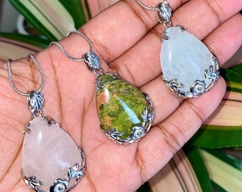 tiger eye agate moss or unakite faceted aventurine Golden pink quartz pendant necklaces
