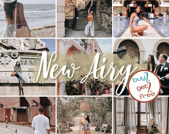 Puede incluir: Un collage de fotos que muestran una variedad de destinos de viaje, incluyendo una playa, una escalera, una piscina y un jardín tropical. El texto "New Airy" aparece en una fuente estilizada, junto con la frase "buy 2 get 2 free". También se incluye el texto "Mobile Lightroom Preset".