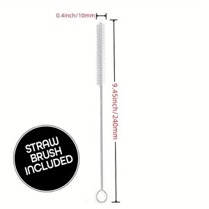 May include: A white cleaning brush with a long, thin handle and a loop at the end. The brush is 9.45 inches or 240 millimeters long. The text "STRAW BRUSH INCLUDED" is in a black circle.