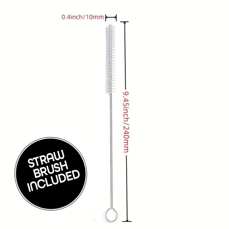 May include: A white cleaning brush with a long, thin handle and a loop at the end. The brush is 9.45 inches or 240 millimeters long. The text "STRAW BRUSH INCLUDED" is in a black circle.