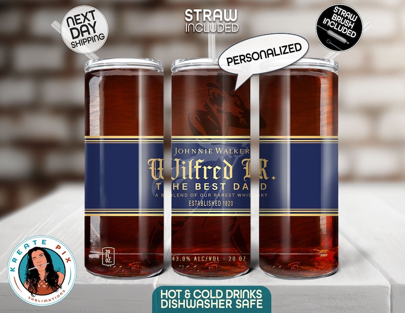May include: Personalized 20 ounce stainless steel tumbler with a Johnnie Walker label featuring the text "U Jilfred JR. The Best Dad" and a gold and blue color scheme. The tumbler is dishwasher safe and includes a straw.