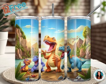 Könnte beinhalten: Drei Edelstahlbecher mit Dinosaurier-Motiv. Die Becher zeigen einen blauen, grünen und orangefarbenen Dinosaurier vor einem bunten Hintergrund mit Bergen und Bäumen.