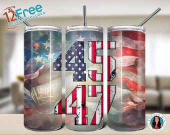 May include: Three stainless steel tumblers with a red, white, and blue American flag design. The tumblers have the numbers 45 and 47 printed on them.