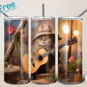 Cat playing the guitar 20oz tumbler wrap, digital download, instant download + 12 free tumbler wraps