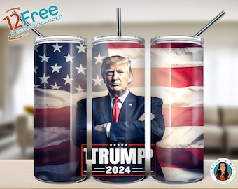 Puede incluir: Un vaso de acero inoxidable con un diseño que presenta una bandera estadounidense y un retrato de Donald Trump con el texto "TRUMP 2024".