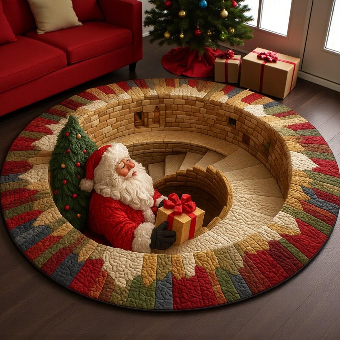 Christmas Santa 3D Round Rug, Printed Illusion Carpet Holiday ...