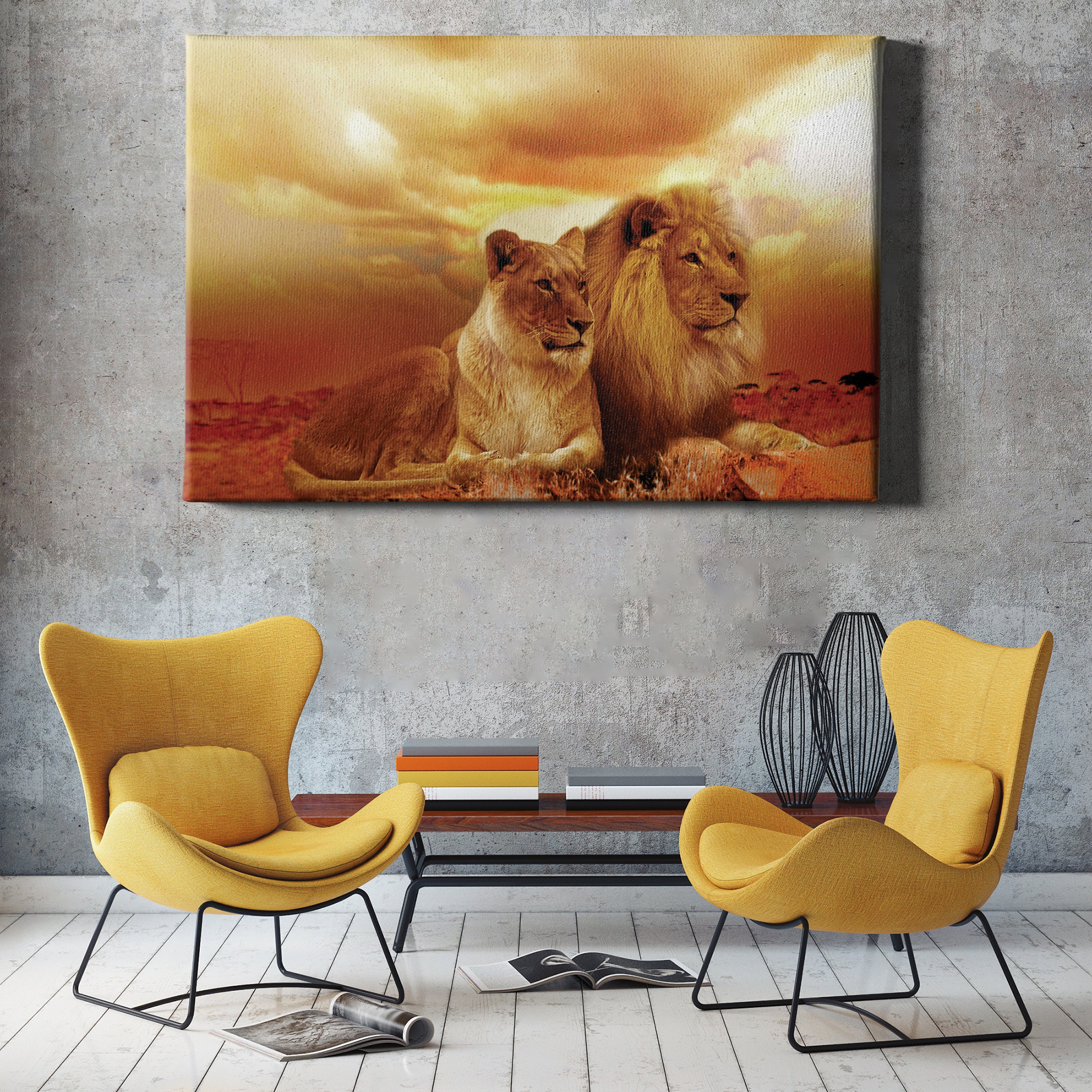 Lion and Lioness Poster Sunset Art Canvas Print Home Wall Etsy