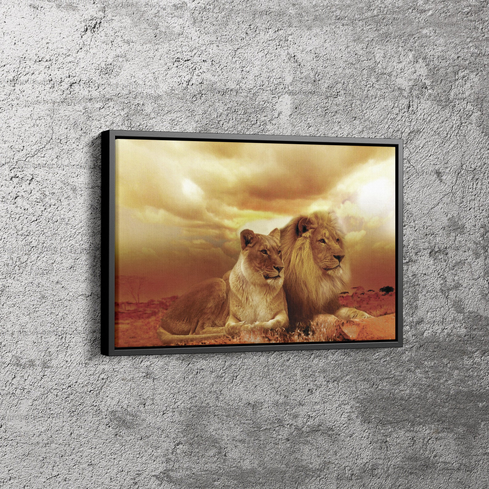 Lion and Lioness Poster Sunset Art Canvas Print Home Wall Etsy