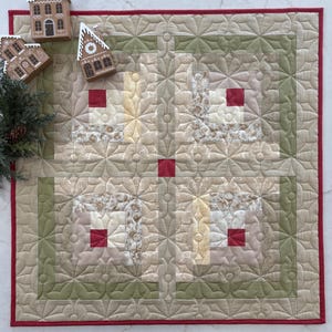 May include: A square quilted table topper featuring a geometric pattern in beige, olive green, and cream with small red square accents. The quilt has a red fabric border and intricate floral-inspired stitching throughout the fabric surface.