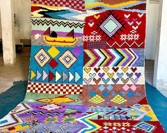 Colorful 6.8x9.8FT Moroccan Rug – Handwoven Wool, Vibrant Boucherouite Style, Boho Chic Area Rug, Unique Moroccan Carpet, Large Tribal Rug