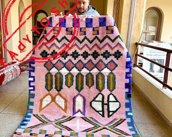BRIGHT HANDMADE RUG, 4.5X6.8ft Pink Wool Moroccan Beni Ourain Rug, Woven Berber Motifs Rug, Authentic Colorful Area Rug,Custom Made Boho Rug
