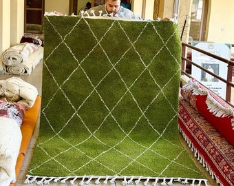 Handmade Moroccan Rug, 8x5 Beni Ourain Rug, Berber Carpet, Green And White Rug, Handwoven Rug, Bohemian Rug, Tapis Marocain, Bohemian Rug