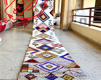 HANDMADE White and Multicolor Wool Beni Ourain Runner Rug - Moroccan Berber Rug - Vibrant Bohemian Wool Runner - Unique Artisan Home Decor