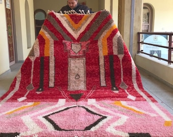 Custom Moroccan Wool Rug – Beni Ourain Red & Pink Abstract Design, Handwoven Berber Carpet, Geometric Shag Rug,