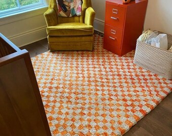 CHECKERED BENIOURAIN RUG, Moroccan Handmade Carpet, Tribal Rug, Berber Rug, Sheep Wool Rug, Orange Checkerboard Rug, Orange Berber Rug.