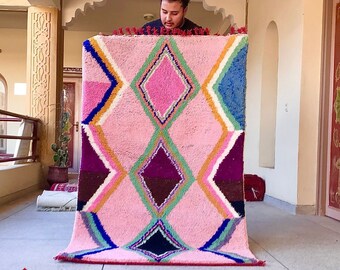 PINK MOROCCAN RUG, Geometric Beni Ourain Rug, Custom Shag Rug, Handmade Wool Rug, Berber Carpet, High Quality Area Rugs.