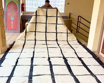 HAND TUFTED RUG, Gorgeous Beni Ourain Rug, Checkered Moroccan Rug, Wool Beni Rug, Handmade Shag Rug, Wool Black and White Rug, Custom Rug