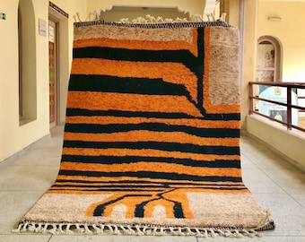 Striped Moroccan Rug, Handmade Orange and Black Beni Ourain Wool Rug, Custom Soft Area Rug, Boho Berber Living Room Decor