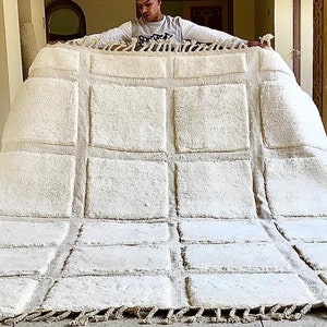 Custom Checker White Rug | Moroccan Beni ourain Handmade Wool Carpet | Area Rug for living room