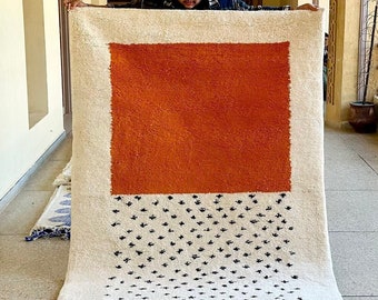 BENI OURAIN RUG, Orange Dotted Rug, Custom Moroccan Rug, Handmade Wool Rug, White Background Area Rug, Contemporary Berber Carpet.