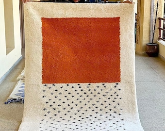 Dotted Beni Ourain Rug | Handmade Moroccan Wool Carpet in White & Orange | Custom Size Area Rug