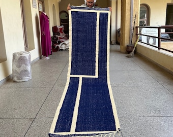 SOFT HALLWAY RUG, Moroccan Handmade Rug, Flat Weave Custom Beniourain Rug, Abstract Rug, Blue and White Runner, Berber Rug, Handwoven Rug.