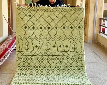 Moroccan Rug - Green Geometric Beni Ourain Wool Carpet - Abstract Handmade Area Rug for Scandinavian Home Style
