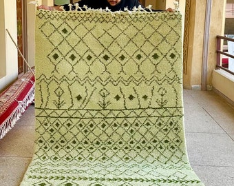 Handwoven Green Area Rug 5x6.7, Shaggy Beni Ourain Carpet, Authentic Moroccan Berber Motifs, Abstract White Wool Rug, Boho Chic Decor