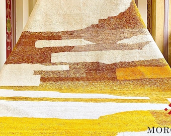 Moroccan Rug - White and Yellow Abstract Beni Ourain Wool Carpet - Custom Handmade Soft Wool Area Rug for Bohemian Living Room or Bedroom