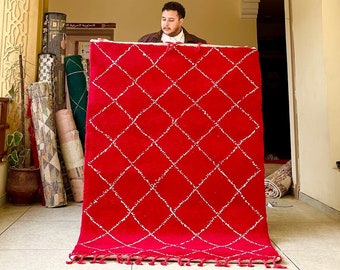 Moroccan Rug - Red and White Geometric Beni Ourain Carpet - Custom Handmade Wool Area Rug for Living Room or Bedroom