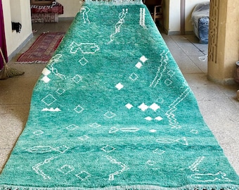 8.2x5.8 Beni Ourain Rug – Green Moroccan Wool Carpet – Handmade Abstract Berber Area Rug for Boho & Authentic Living Room Decor