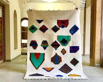 Moroccan White and Blue Rug – Abstract Beni Ourain Wool Carpet – Custom Handmade Soft Wool Rug for Scandinavian or Boho Home Decor