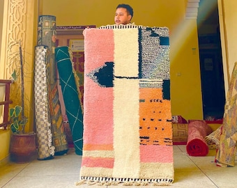 Pink and Black Moroccan Rug – Abstract Beni Ourain Rug – Bohemian Area Rug – Handmade Sheep Wool Rug – Handcrafted by MoroccanHandsArt