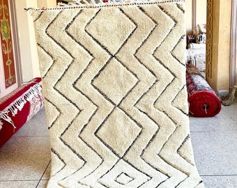Hand-Tufted Moroccan Rug - Black and White Geometric Beni Ourain Wool Carpet - Custom Soft Area Rug for Living Room or Bedroom