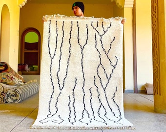 Moroccan Rug – Black and White Striped Beni Ourain Rug – Handmade Wool Berber Carpet for Bohemian & Modern Home Decor