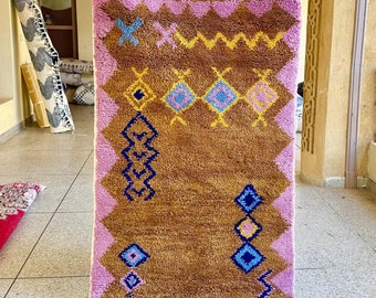 Handcrafted Custom Rug, 5.4x3FT Artisan Moroccan Shag Rug, Beni Ourain Soft Wool Carpet, Abstract Brown & Purple Berber Area Decor