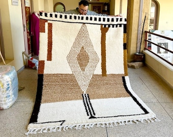 MOROCCAN WOOL CARPET, Custom Beni Ourain Rug, Brown & White Geometric Design, Contemporary Berber Area Rug, Handcrafted Comfort with Style
