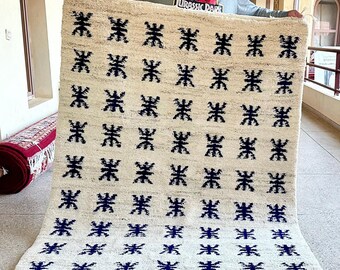 Moroccan Blue Wool Rug – Abstract Beni Ourain Carpet – 5x6.8 Handmade Berber Area Rug – Custom Soft Wool Rug for Modern & Boho Homes