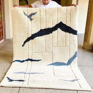 Moroccan Handmade Rug, Blue and White Beni Ourain Rug, Custom Abstract Wool Area Rug, Scandinavian Living Room Bedroom Kids Room Rug