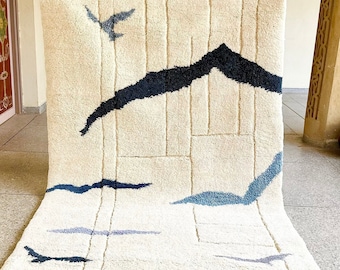 ELEGANT ABSTRACT RUG, Handmade Berber Wool Rug, Authentic Moroccan Rug, Beni Ourain Style Rug, Blue & White Shag Carpet, Soft Pile Area Rug.