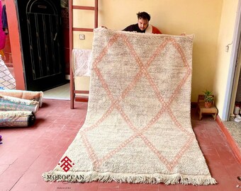Moroccan Geometric Rug – Gray and Pink Beni Ourain Rug – Custom Abstract Handmade Wool Carpet – Minimalist Living Room Area Rug