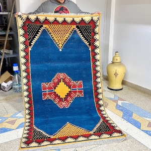 Blue Moroccan Rug for Living Room - 6.7x3.7 FT Handmade Wool Beni Ourain Carpet | Bohemian Blue Berber Area Rug